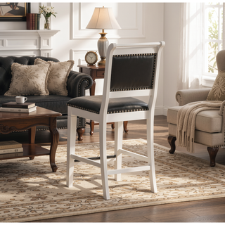 Sunvega Antique White Finish Black Leather Seat Farmhouse Counter Stool