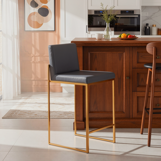 Sunvega Contemporary High Back Counter Stool with Padded Seat in Gold Steel and Grey Faux Leather