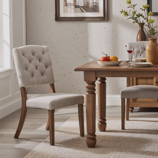 Sunvega Transitional Dining Chairs Set of 2 with Tufted Back and Beige Linen Upholstery