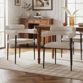 Sunvega Mid-Century Modern Dining Chairs with Boucle Backrest and Brushed Bronze Legs