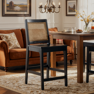 Sunvega Transitional Solid Wood and Rattan Counter Stool Set with Woven Upholstery