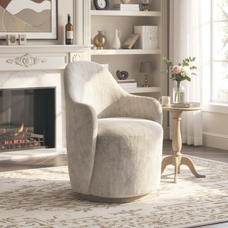 Sunvega Ivory Polyester Upholstered Swivel Barrel Chair with Cocoa Wood Base