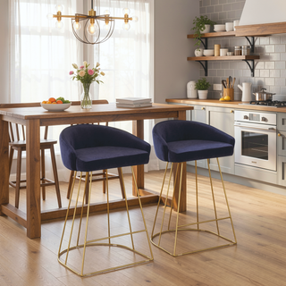 Sunvega Gold Tone Metal Frame Counter Stool with Blue Velvet Upholstered Seat