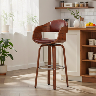 Sunvega Mid-Century Modern Swivel Barstool with Faux Leather Upholstery and Walnut Frame