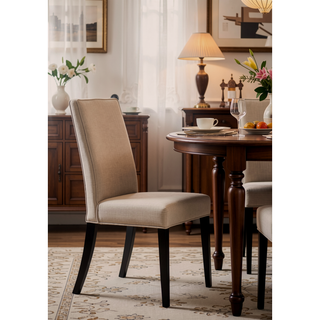 Sunvega Parsons Design Tan Linen Upholstered Side Chair with Vintage Black Finish