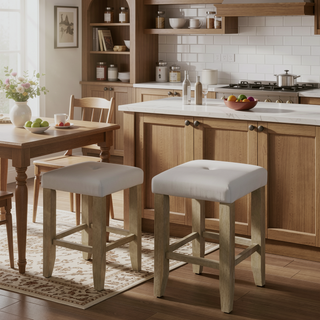 Sunvega Oak Finish Wooden Frame Counter Height Stools with Gray Synthetic Leather Seat