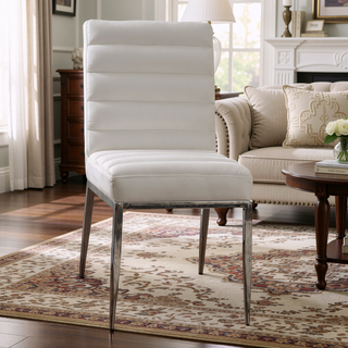 Sunvega Ivory Leatherette Side Chairs with Padded Seat and Black Metal Frame