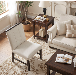 Sunvega Beige Textured Fabric Upholstered Side Chairs with Brown Wooden Finish