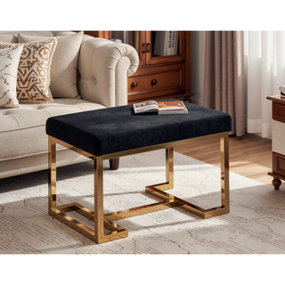 Sunvega Black Faux Fur Upholstered Rectangular Armless Backless Bench with Champagne Gold Base