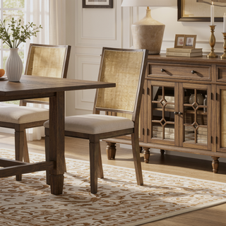 Sunvega Woven Rattan Back Dining Side Chair with Natural Wood Tone and Square Legs