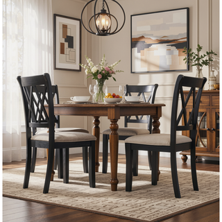 Sunvega Black Rubberwood Upholstered Dining Chairs with Tan Linen-Look Set of 2