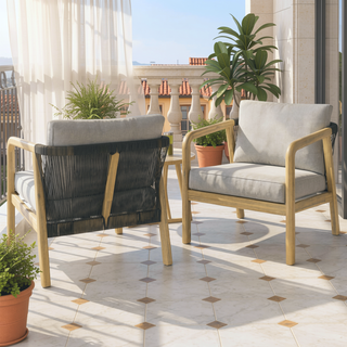 Sunvega Solid Acacia Wood Outdoor Conversation Chair Set with Grey Rope Cording