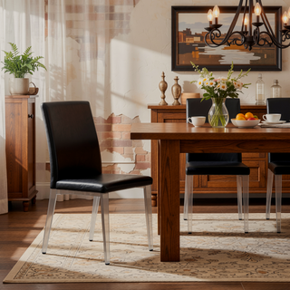 Sunvega Black PU Dining Chairs with Silver Metal Legs and High Elasticity Sponge Filling for Living Room