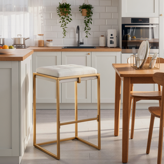 Sunvega Beige and Gold Tufted Cushion Stools with Square Design for Modern Interiors