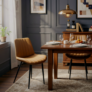 Sunvega Brown PU Leather Dining Chairs with Metal Legs and Wave Pattern Upholstery
