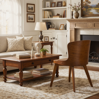 Sunvega Mid-Century Modern Chair with Walnut Finish and Faux Leather Seat