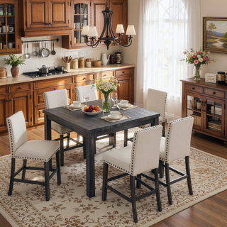 Sunvega Natural Linen Blend Upholstered Counter Dining Chair Set with Antique Gray Wood Legs