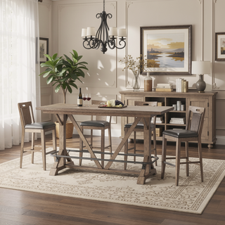 Sunvega Pecan Brown Wooden Bar Stools with Slat Back Design, Set of 2