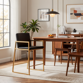 Sunvega Fuji High Back Counter Stool Set of 3 in Gold Steel and Black Faux Leather