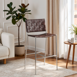 Sunvega Mid-Century Brown Faux Leather Upholstered Bar Chair with Chrome Frame