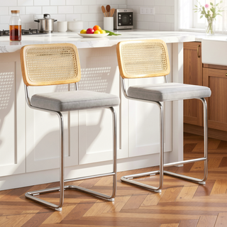 Sunvega Cantilever Velvet Bar Stools Set of 2 with Rattan Back for Kitchen Island