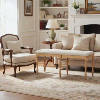 Sunvega Vintage Traditional Upholstered Dining Bench with 6 Solid Wood Legs Natural
