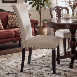 Sunvega Contemporary Linen and Dark Oak Finish Parson Dining Chairs Set of 2