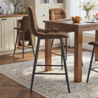 Sunvega Brown Techno-Fabric Bar Chair Set of Two with Rounded Backrest and Black Metal Legs