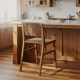 Sunvega Faux Leather Woven Counter Stool with Solid Wood Frame 24 Inch Height