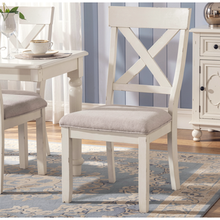 Sunvega Antique White Wood Cross Back Upholstered Dining Chairs with Light Tan Fabric
