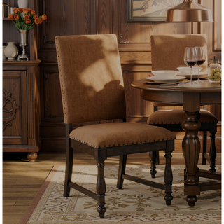 Sunvega Traditional Brown Wooden Dining Chairs with Beige Textured Fabric Upholstery