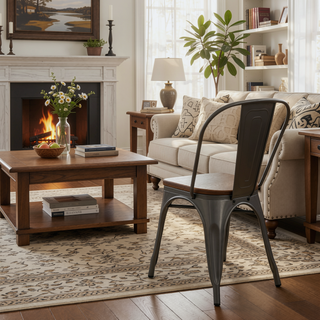 Sunvega Industrial Farmhouse Stackable Dining Chairs with Bamboo Seat Set of 2