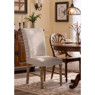 Sunvega Cream Linen Upholstered Parson Chair with Weathered Oak Wooden Legs Set of 2