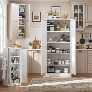 Sunvega Modern Kitchen Pantry Cabinet with Glass Doors and Adjustable Shelves for Living Room