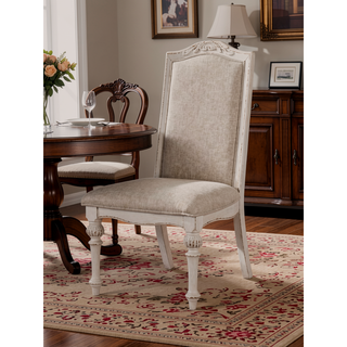Sunvega Antique White Upholstered Seat Side Chair with Intricate Wood Inlay Detail