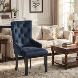 Sunvega Luxury Glam Dining Chair with Dark Navy Velvet Upholstery and Nailhead Trim