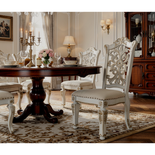 Sunvega Antique Pearl Finish PU Leather Side Chair with Floral Molding Wood Backrest