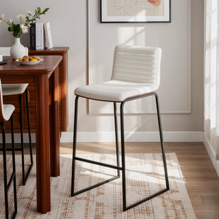 Sunvega Mason Mara Contemporary Fixed-Height Barstool with Tufted Upholstered Seat and Walnut Wood Back