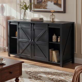 Sunvega 55.1-Inch Farmhouse Sideboard with Sliding Barn Doors and 4 Drawers