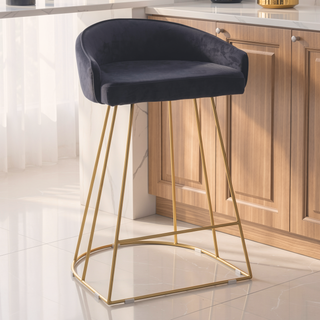 Sunvega Gold Metal Frame Counter Stool with Black Velvet Upholstered Seat and Backrest