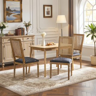 Sunvega French Country Dining Chairs with Cane Backrest Upholstered Seats and Fluted Legs