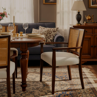 Sunvega Mid-Century Modern Cane Back Arm Dining Chairs with Upholstered Seat Set of 2
