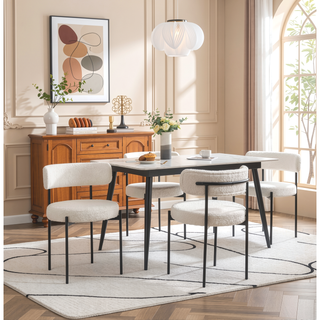 Sunvega Modern Round Boucle Dining Chairs with Textured Upholstery, Set of 2 White