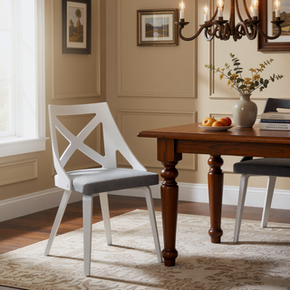 Sunvega White Textured Wood and Light Grey Fabric Charlotte Farmhouse Chair Set of 2