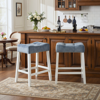 Sunvega Set of 2 Velvet Stools with Tufted Saddle Seats in White-Wash Finish