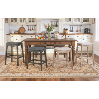 Sunvega Gray Rustic Whitewash Fabric Upholstered Nailhead Trim Saddle Bar Stools