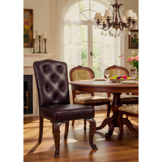 Sunvega Traditional Brown Cherry Solid Wood Tufted Leatherette Side Chairs Set of 2