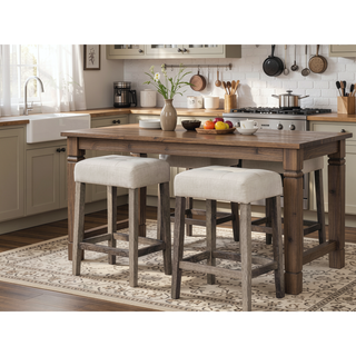Sunvega Transitional Wood Counter Stool Set of 2 with Upholstered Linen Fabric Cushion
