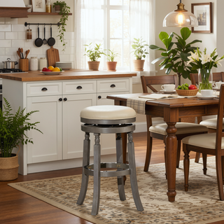 Sunvega 30 Inch Bar Stool with Weathered Gray Finish and Beige Fabric Seat