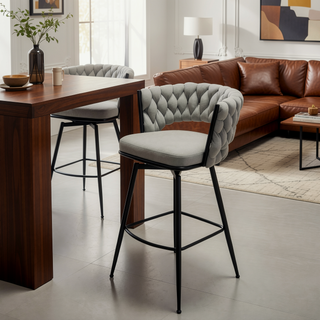 Sunvega Linen Woven 360 Swivel Bar Stools Set of 2 with Back and Footrest Grey